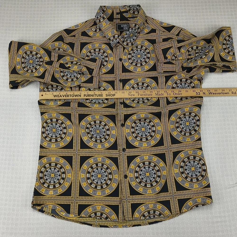 Level Ten Mens Large Black Gold Greek Key Medusa Baroque Print Button Down Shirt